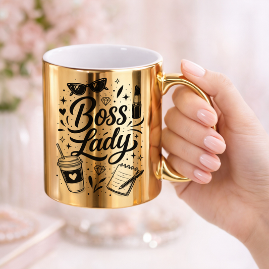 Boss Lady – elegancki złoty kubek dla nowoczesnej kobiety.